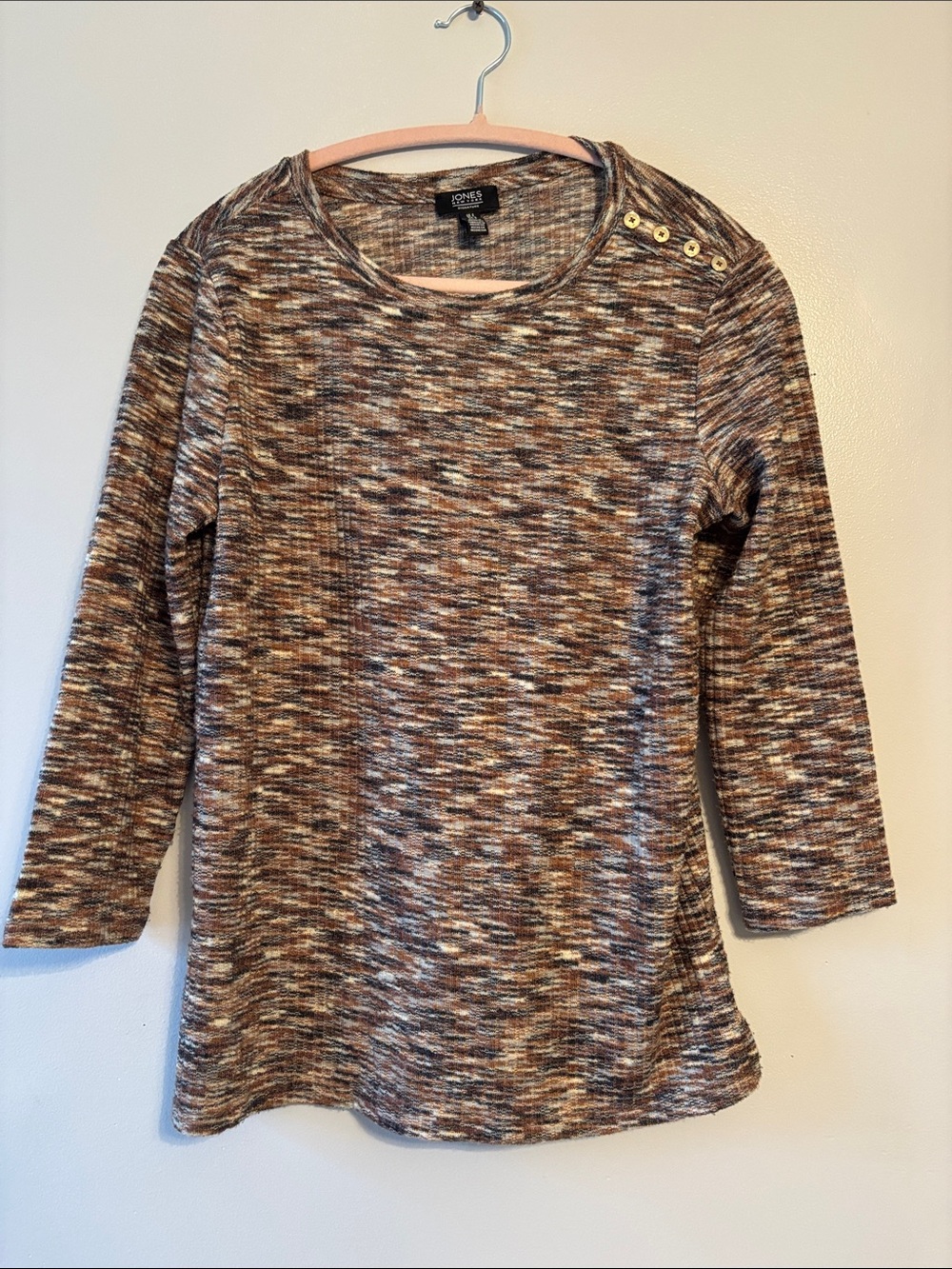 Jones New York Brown Multi-Color Marled Long Sleeve Top with Shoulder Buttons